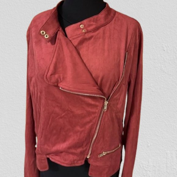 Burgundy Faux Suede drape front Moto Jacket - Picture 10 of 11